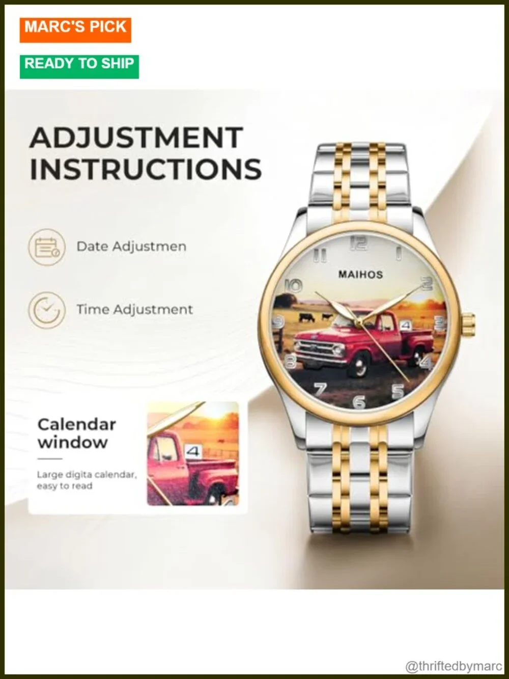 Men's Pickup Truck Dial Stainless Steel Quartz Watch Luminous Hands Date